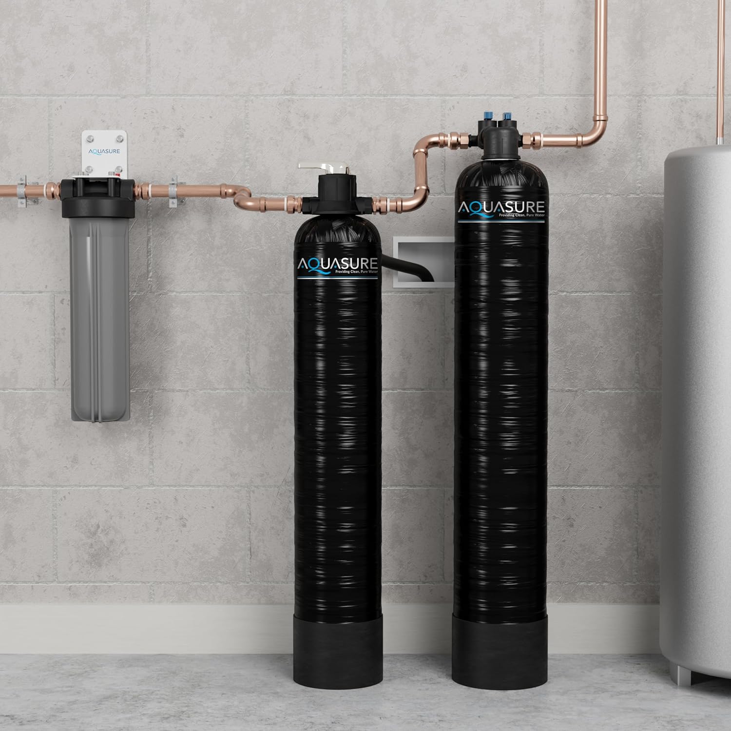 Aquasure Serene Series 10 GPM Whole House Salt-Free Conditioning Descaler Bundle with KDF/GAC Water Treatment System and Pleated Sediment Pre-Filter, for 1-3 Bathrooms | Removes 99% of Contaminants