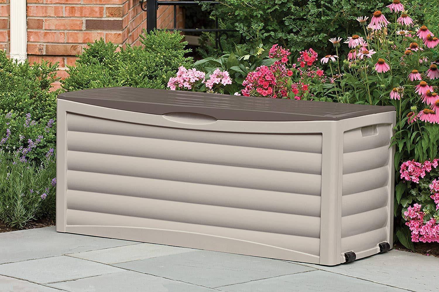 Suncast Resin 103-Gallon Large Storage Box with Wheels-Outdoor Bin for Gardenin
