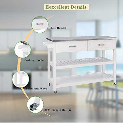 RASOO Kitchen Island Cart on Wheels Trolley White Stainless Steel Top Rolling Kitchen Island Cart with Open Shelves and One Big Drawer Towel Rack Kitchen Island Cabinet with Lockable wheels, 39.37"x18.5"x35.83"(LxWxH）