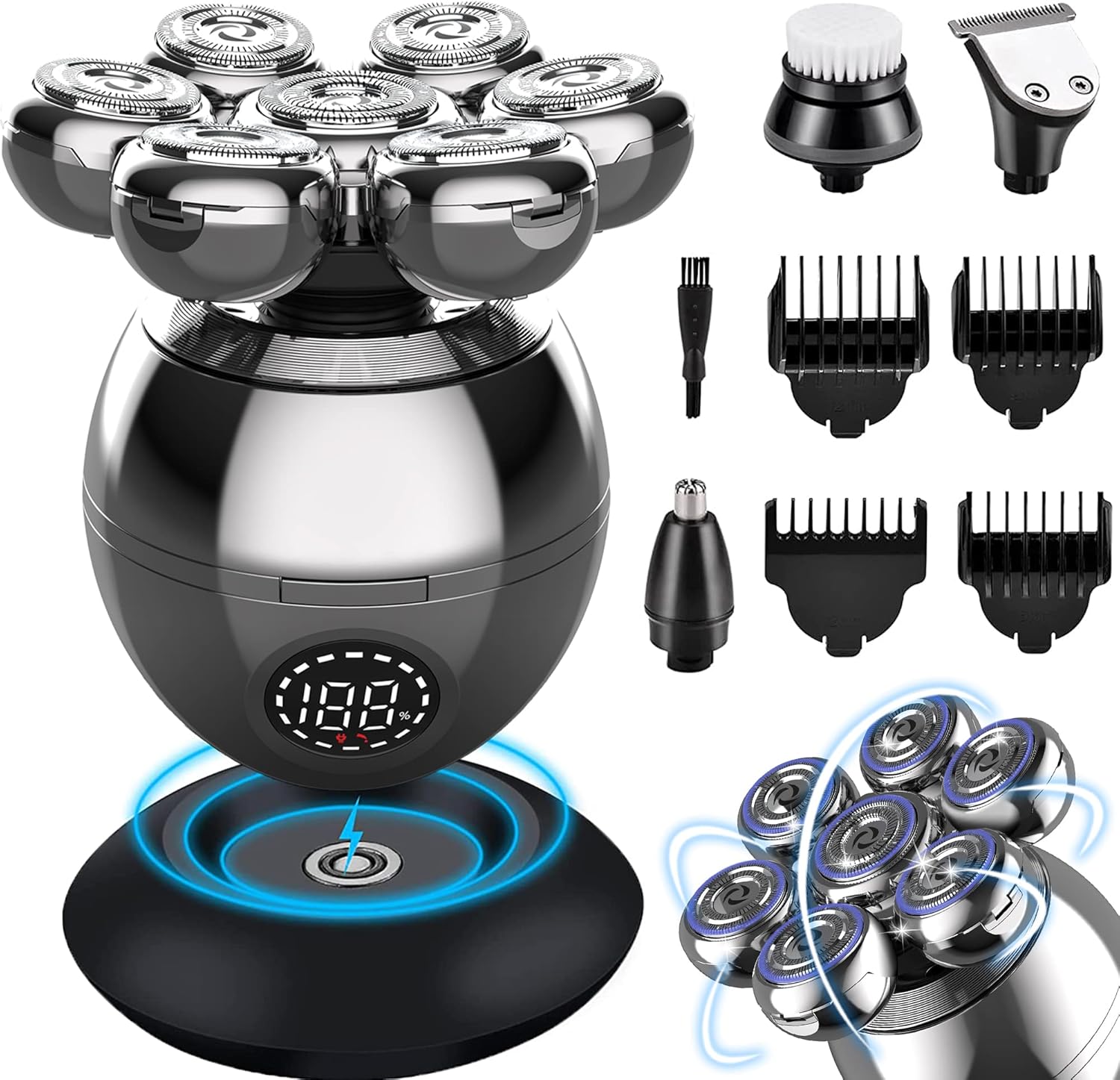 5-in-1 Electric Head Shaver for Bald Men - Rotary Design Head Shavers - Electric Men's Grooming Kit - with Rotary Blades, Clippers, Nose Trimmer, Brush, Massager - Cordless, and Rechargeable Pack of 2
