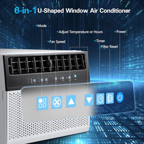 R.W.FLAME U-Shaped Air Conditioner Window Unit, 6 Modes 24H Timer Energy-saving Window AC Units, Full Window View, White