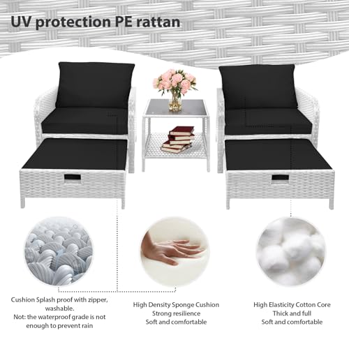 LEVELEVE Balcony Furniture 5 Piece Patio Conversation Set, PE Wicker Rattan Outdoor Lounge Chairs with Soft Cushions 2 Ottoman&Glass Table for Porch, Lawn-Brown Wicker