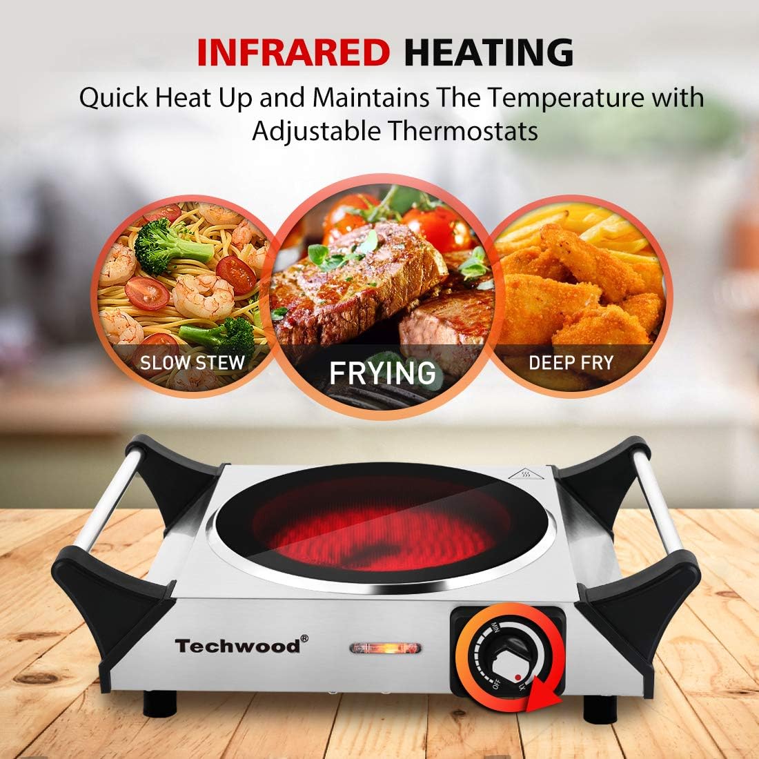 Hot Plate, Techwood Portable Electric Stove for cooking, 1200W Countertop Infrared Single Burner with Handles & 7.5&rdquo; Glass Cooktop for RV/Home/Camp, Compatible for All Cookwares Upgraded Version