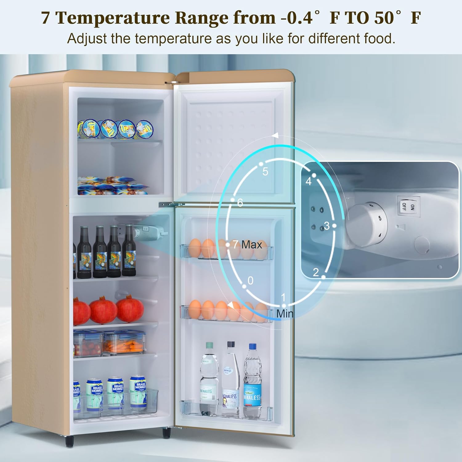 Retro Mini Fridge with Freezer for Dorm,4.2 Cu. Ft. Mini Fridge with Freezer Retro Style Double Door Small Fridge with Adjustable Thermostat, Retro Dorm Fridge with Freezer for Apartment,Office(Gold)