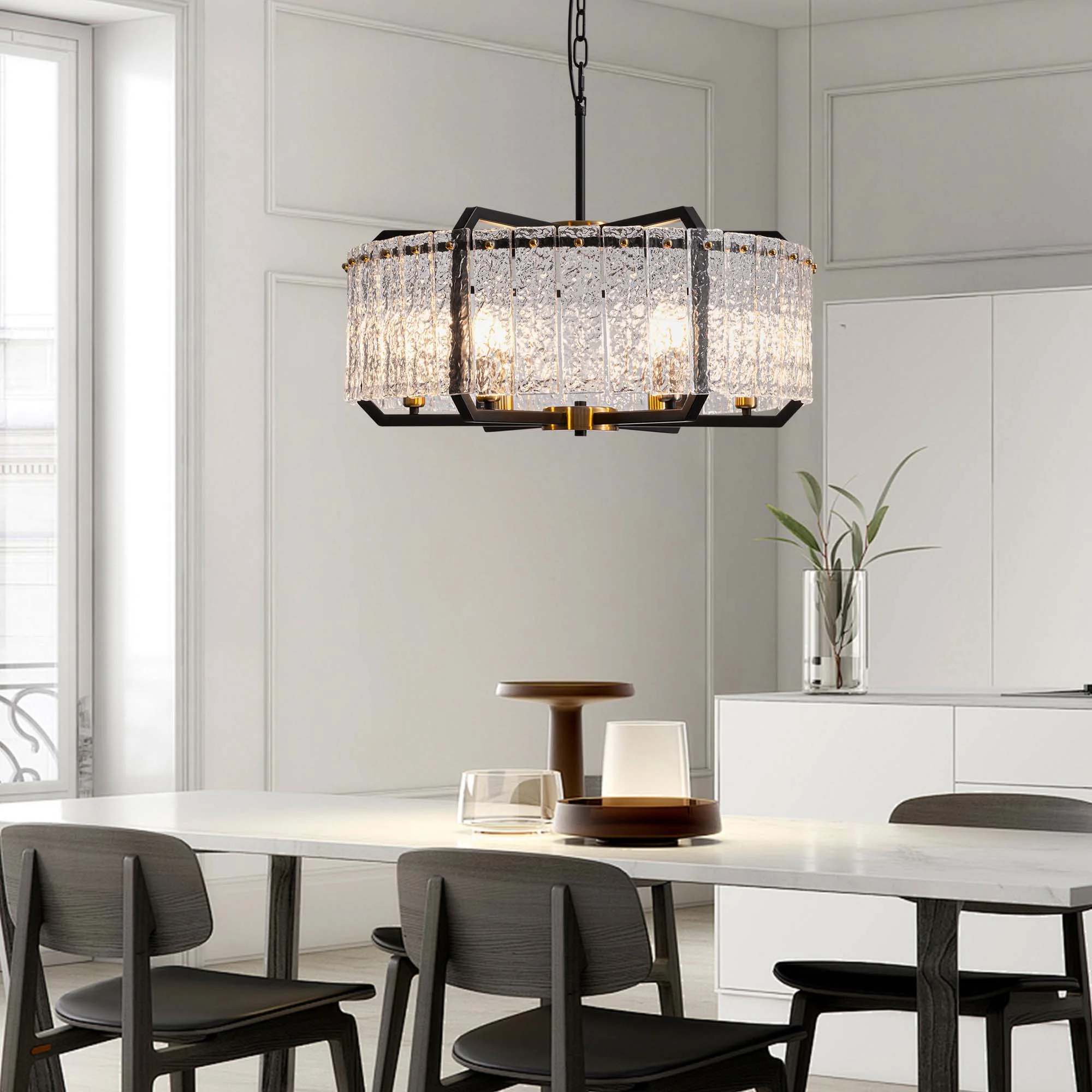 HOOMEDELIER Modern Crystal Chandeliers Lighting for Dining Room,  6-Light Luxury Water Ripple Glass Black Ceiling Light Fixture, Round Drum Chandelier for Kitchen Island, Entryway, Farmhouse 25"D*11"H