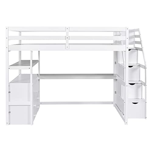 Harper & Bright Designs Twin Loft Bed with Stairs and Desk, Solid Wood Loft Bed Frame with Storage Drawers and Bookshelf for Kids Teens Adults - White