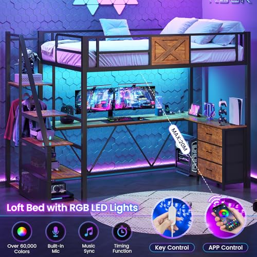 Itaar Stairway Twin Size Loft Bed with L Shaped Desk and Wardrobe, Metal Loft Bed Frame with Storage Stairs,3 Fabric Drawers, LED Lights & Charging Sation,No Noise & No Box Spring Needed, White