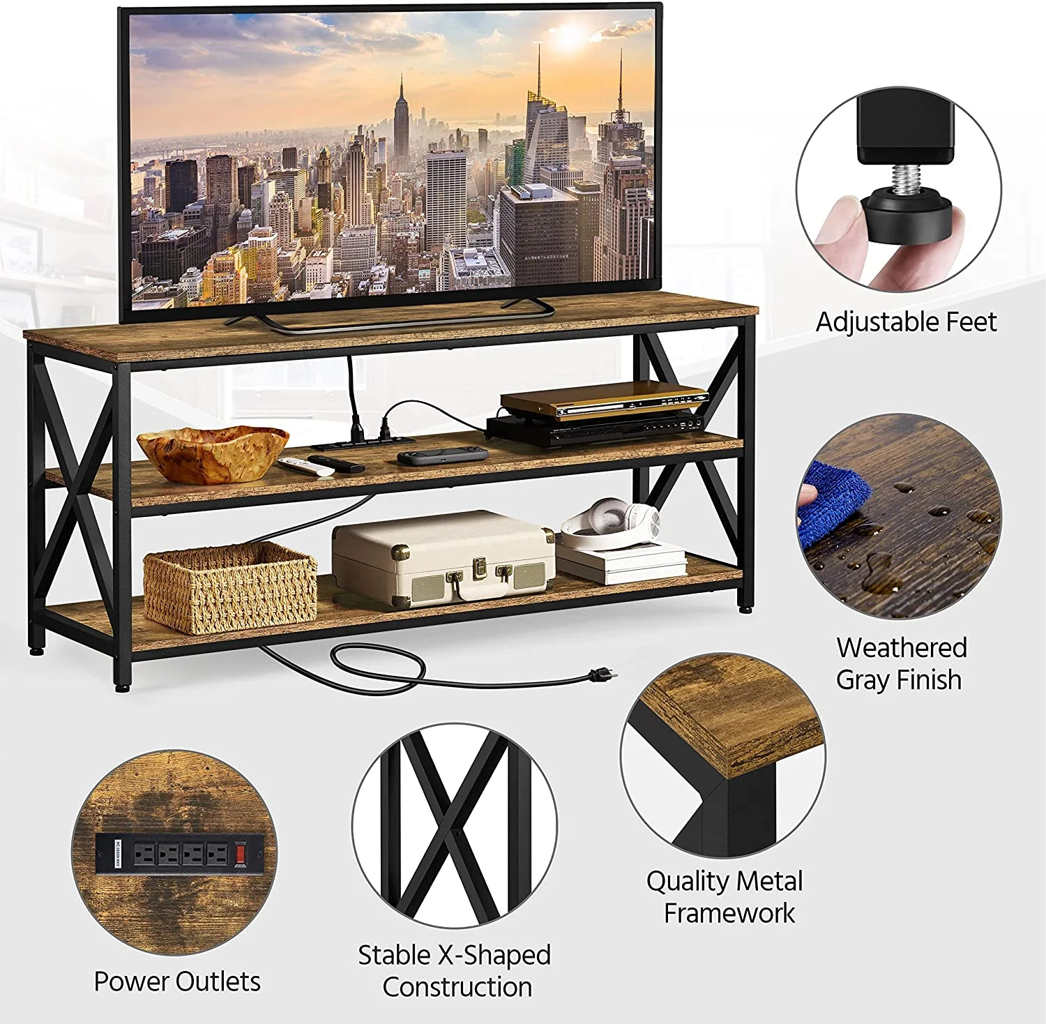 TV Stand for TV up to 65 inch, Industrial TV Cabinet with Power Outlets for Living Room, Media Entertainment Center TV Console with 3 Tier Storage Shelves & Charging Station, Rustic Brown