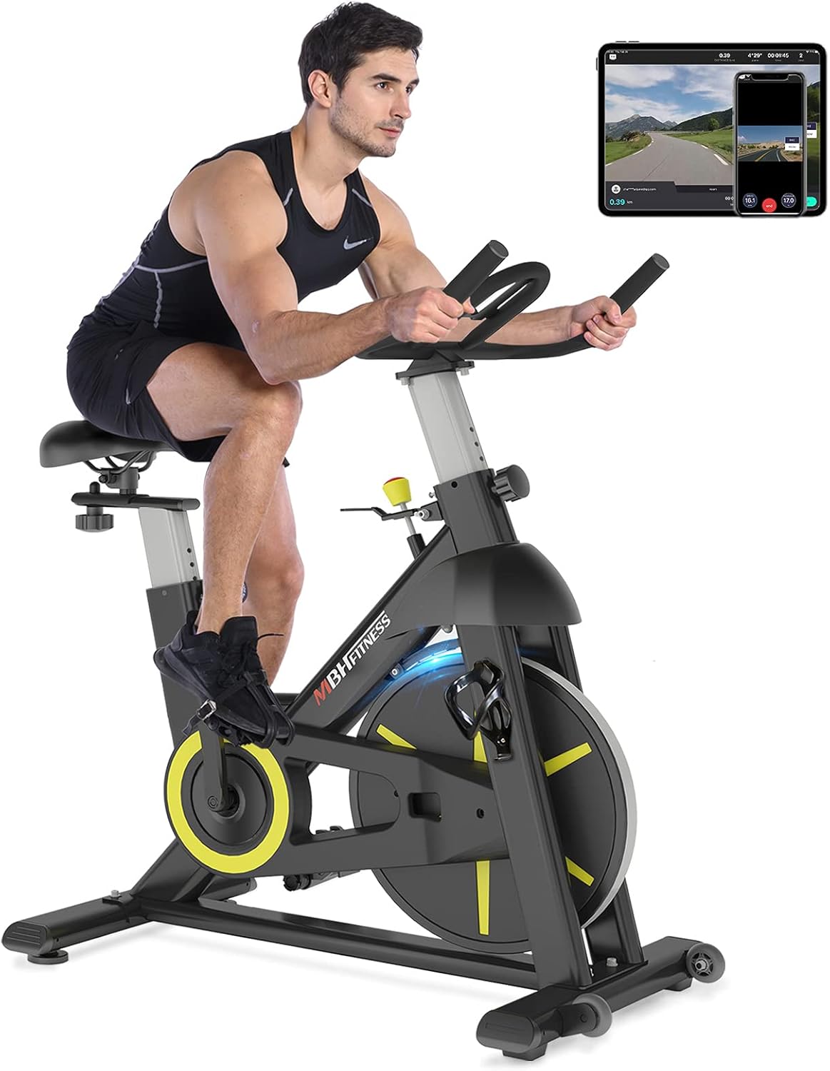 MBH Fitness Magnetic Exercise Bike Stationary, Indoor Cycling Bike for Home Gym Use, Fitness App, 330Lbs Weight Capacity, Tablet Holder, Bottle Holder, Quiet Cardio Workout Equipment