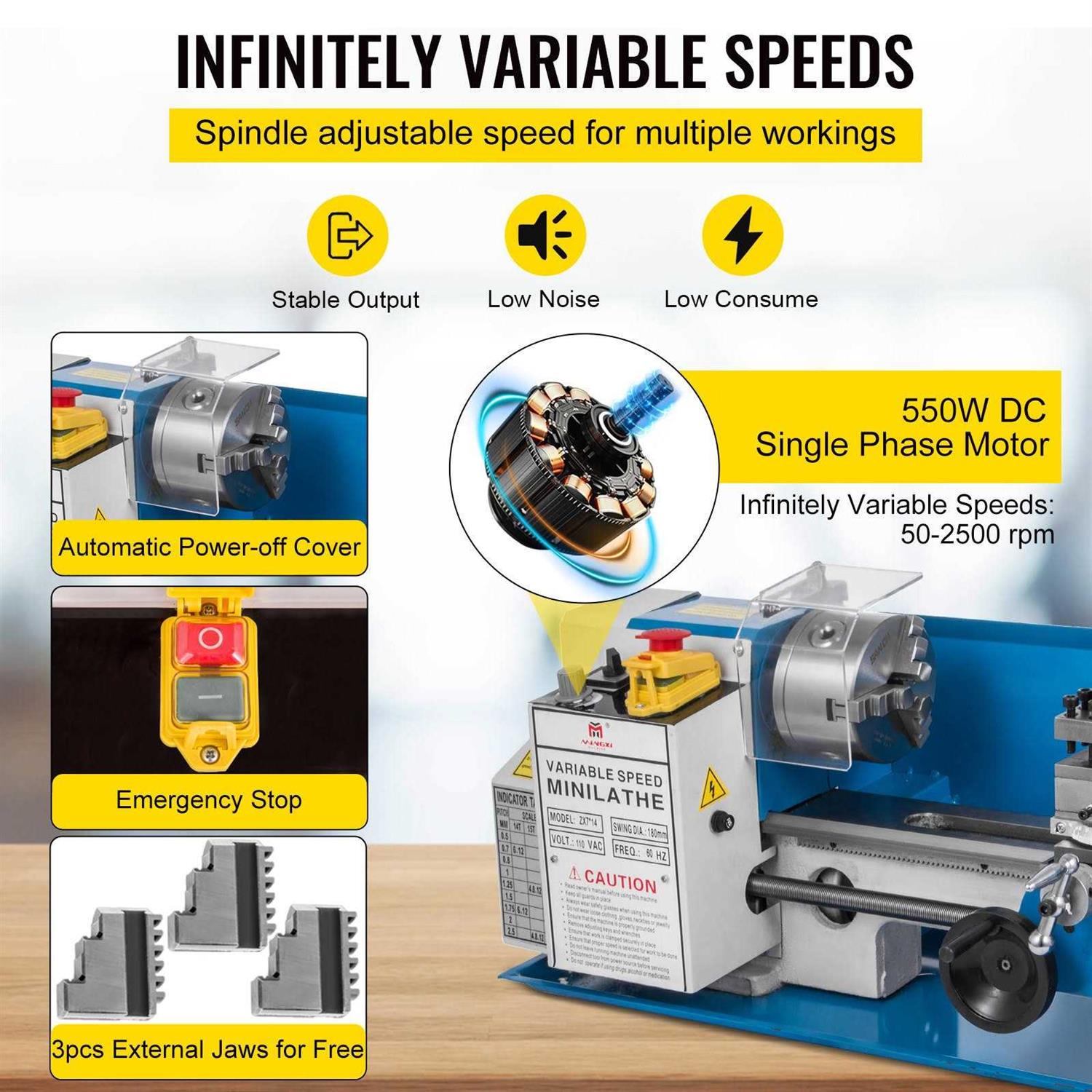 VEVOR Metal Lathe 7x14inch Precision Bench Top Mini Metal Lathe 550W Precision Metal Lathe Variable Speed 50-2500 Rpm Nylon Gear with a Movable Lamp - Shop Hardware Tools Online Store