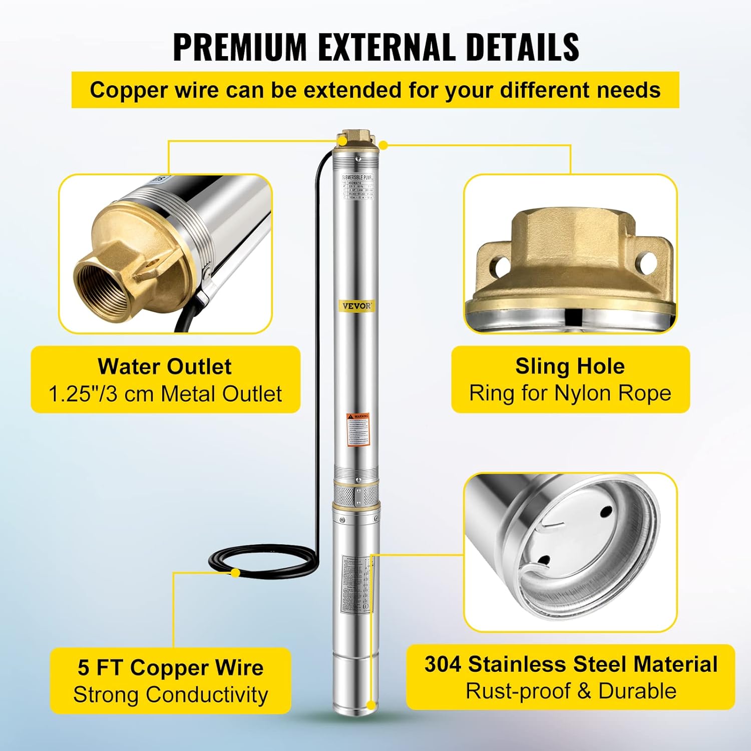 VEVOR Deep Well Submersible Pump, 1.5 hp 220V 50 Hz, Stainless Steel w/5 FT Cable Wire, 1.25" Water Outlet, 24 GPM & 390 Ft Head for Farmland Irrigation and Factories