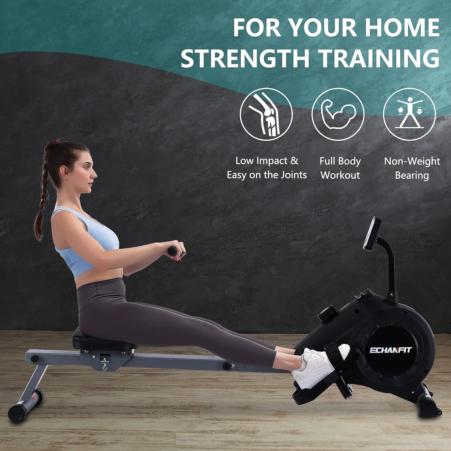 ECHANFIT Magnetic Rower Machine with 16-Level Silence Resistance for Whole Body Rowing with LCD Monitor for Home Gym, Cardio Exercise and Strength Training