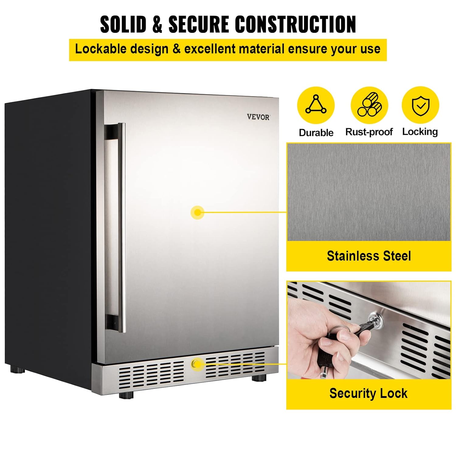 VEVOR 24'' Built-in Beverage Cooler, 5.3 cu.ft. Stainless Steel Beverage Refrigerator w/Embraco Compressor, 142 Can Beer Fridge for Home Bar Office Outdoor Indoor Use, 150L, Black & Silver