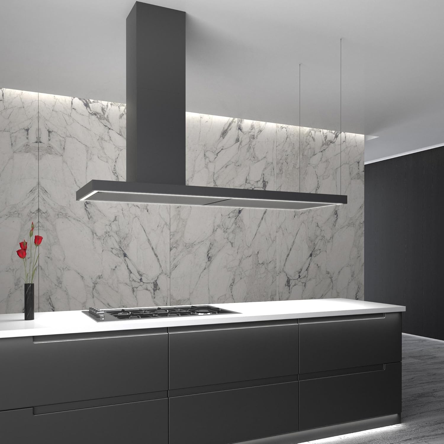 Futuro Futuro Turo Black 69 Inch Island-mount Range Hood, Contemporary Design, Offset, Painted steel, LED, Ultra-Quiet, with Blower