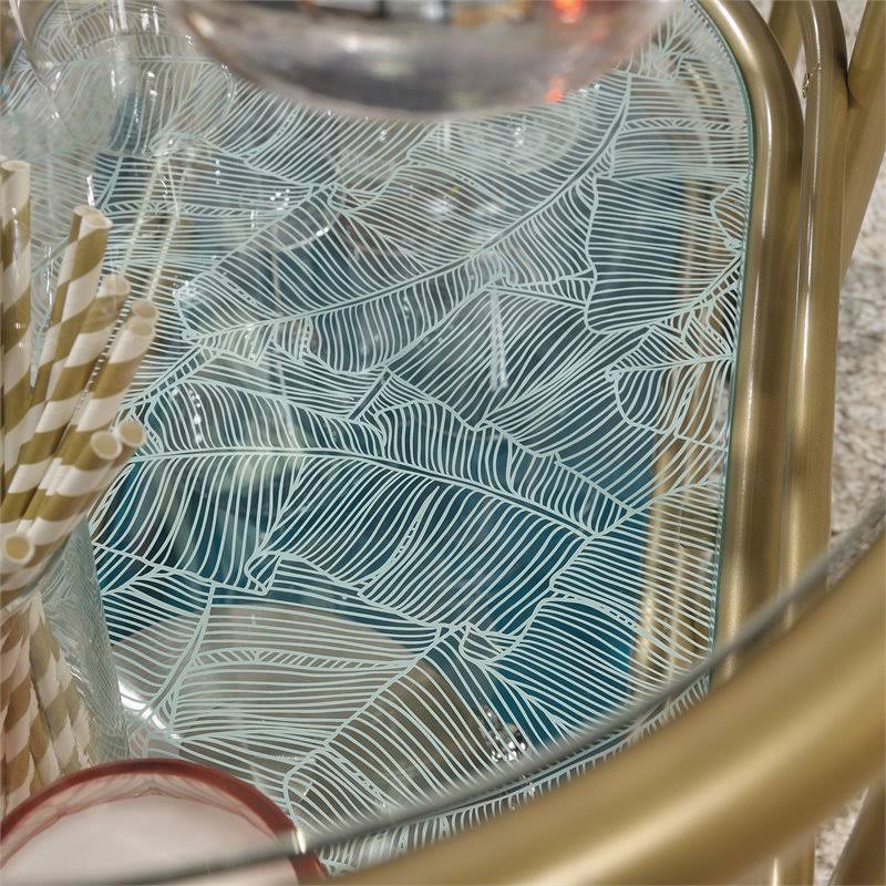 Pemberly Row Modern 3-Shelf Glass and Metal Bar Cart in Satin Gold