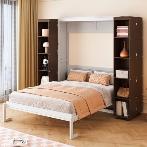 KLMM Wooden Murphy Bed Wall Bed with 2 Wardrobe and Storage Shelf,Foldable Platform Bedframe for Guest-Room Bedroom Study Office Use (White#E, Full)