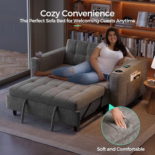 LINSY 3-in-1 Convertible Sofa Bed, 54" Pull Out Sleeper Sofa with Charging Station & Cup Holder, Small Folding Loveseat with Side Pocket for Small Space, Corduroy Couch, Green