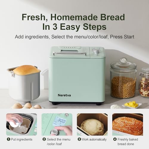 Neretva Bread Maker Machine, 20-in-1 2LB Automatic Breadmaker with Gluten Free Pizza Sourdough Setting, Digital, Programmable, 1 Hour Keep Warm, 2 Loaf Sizes, 3 Crust Colors - Receipe Booked Included