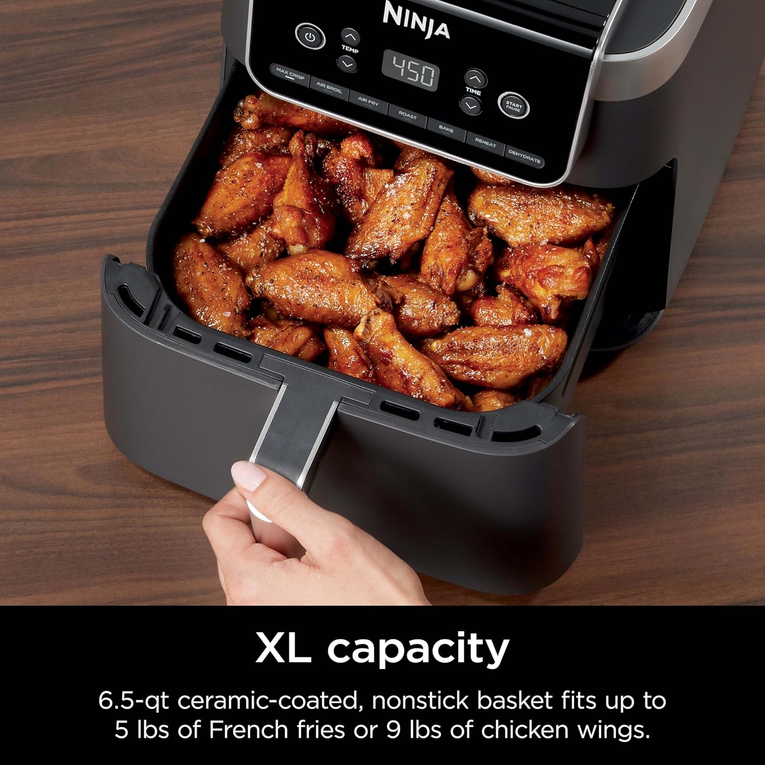 Ninja Air Fryer Pro XL 7-in-1, Max Crisp Tech, 450F for Hotter, Crispy Results, 6.5 QT Capacity fits 9 lbs wings, Max Crisp, Broil, Air Fry, Roast, Bake, Reheat, Dehydrate, Space Saving, Grey, AF182