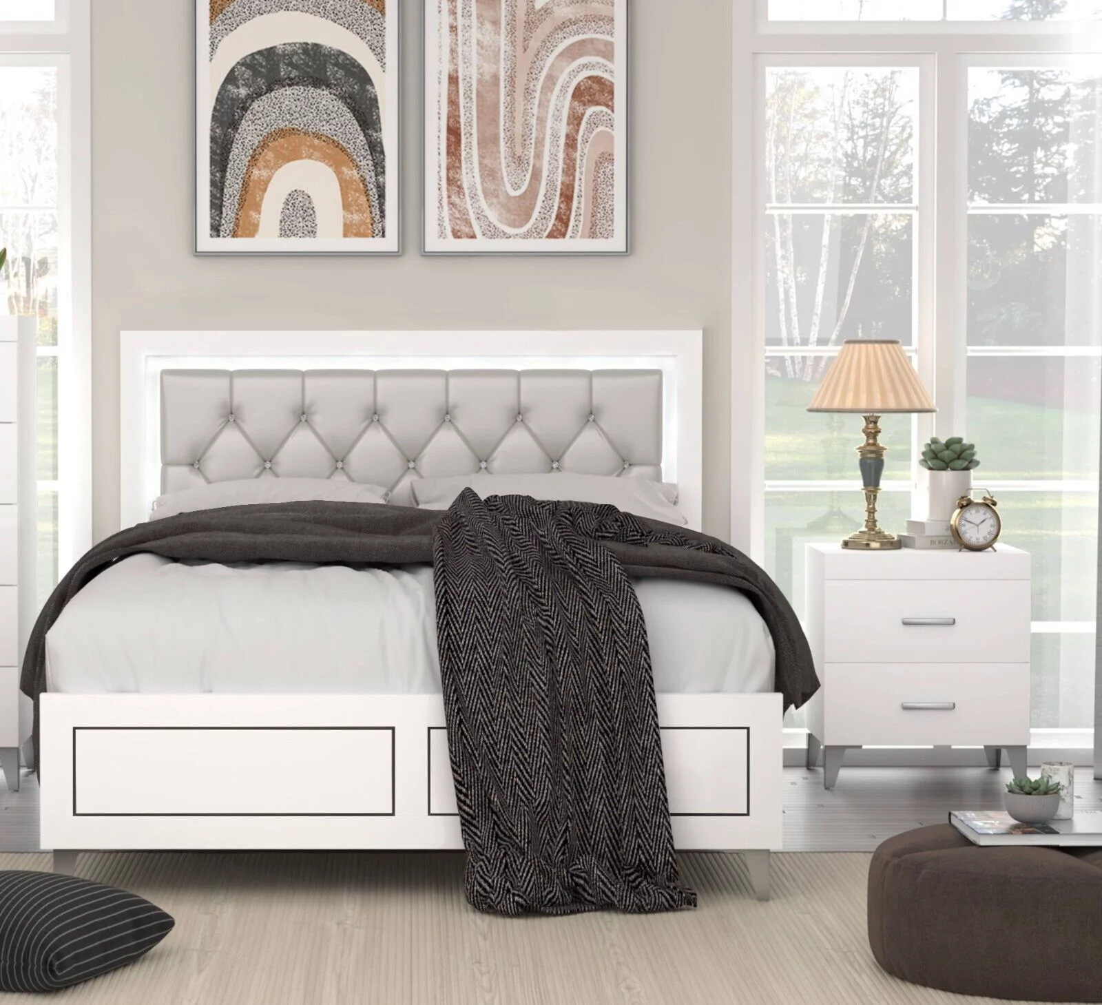 Stylish White Finish 5pc Bedroom Set Queen Size Bed Button-Tufted LED Headboard Nightstand Dresser Chest Mirror