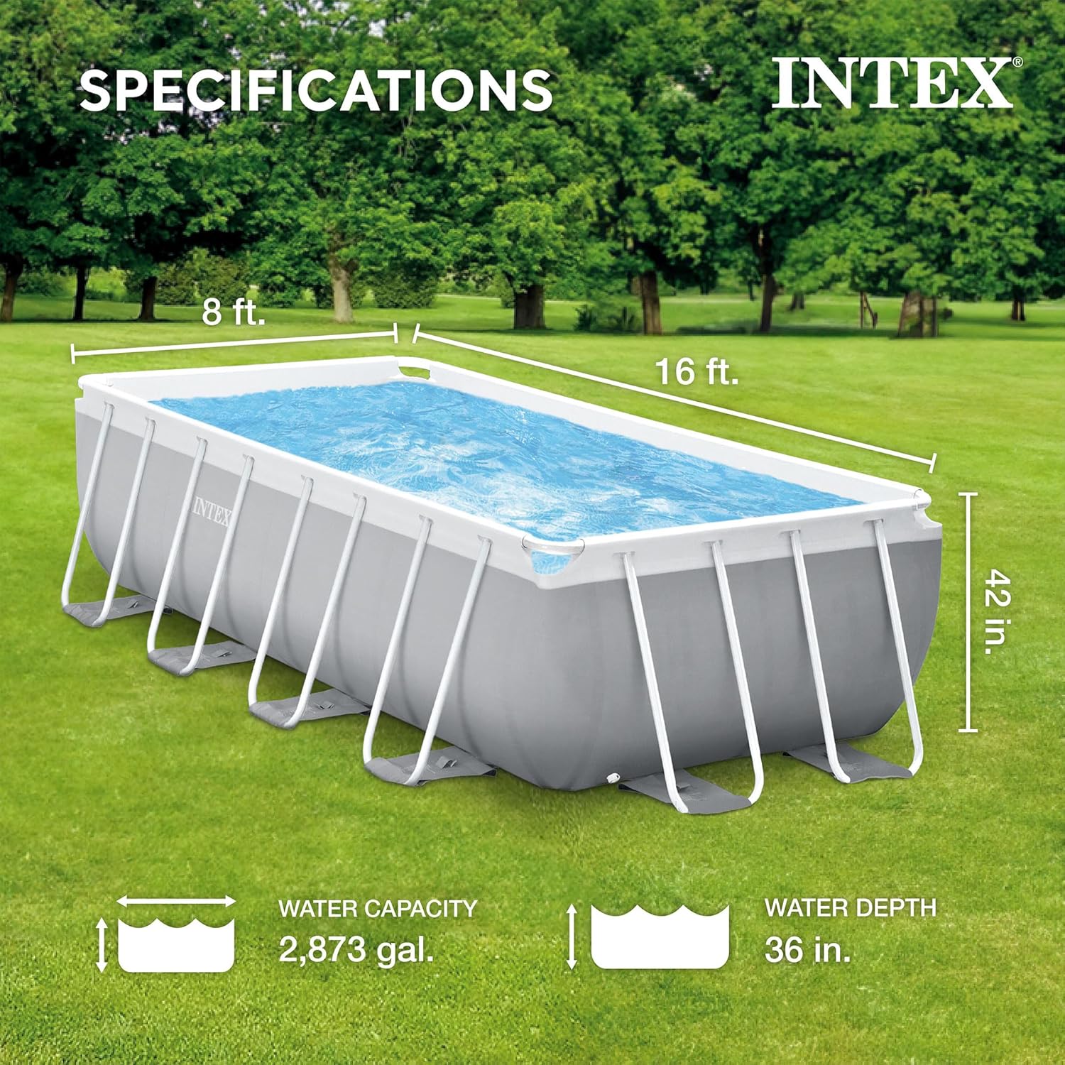 INTEX 26791EH Prism Frame Premium Rectangular above Ground Swimming Pool Set: 16ft x 8ft x 42in – includes 1000 GPH Cartridge Filter Pump – Removable Ladder – Pool Cover – Ground Cloth