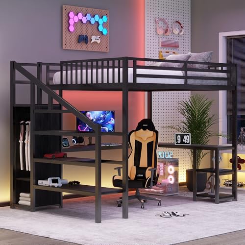 Full Size Loft Bed with Stairs and Storage, Metal Loft Bed Frame with Bedside Shelf and Large Under-Bed Space, Heavy-Duty Bed for Adults Teens and Kids, Black