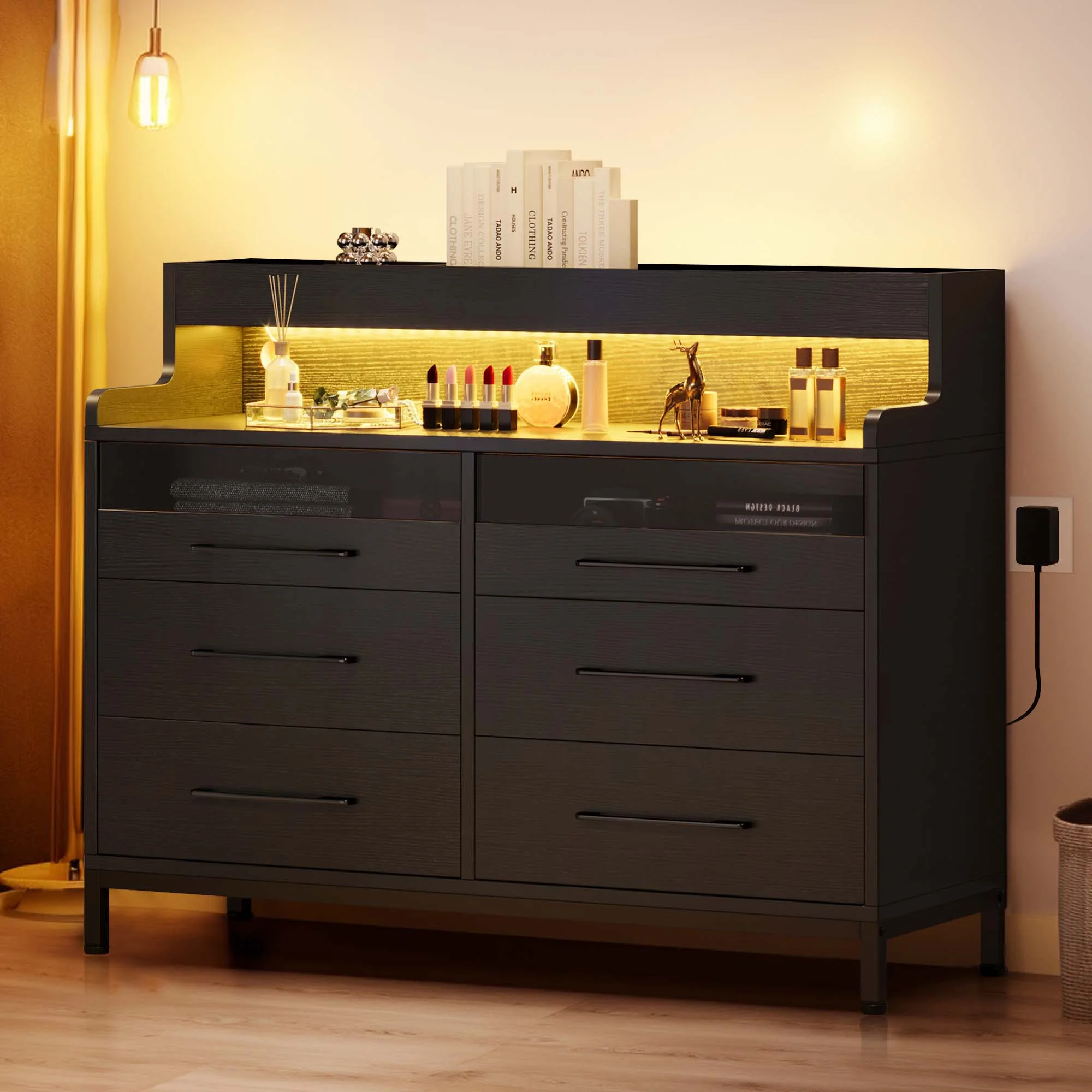 DWVO 6 Drawer Dresser for Bedroom, Double Dressers & Chests with LED Light & Open Storage, Modern Chest Organizer for Bedroom, Living Room, Entryway, Hallway, Black