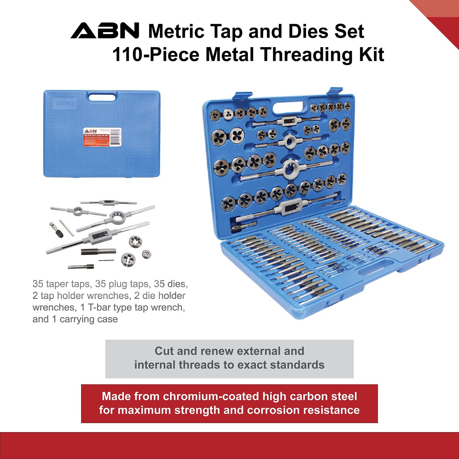ABN Large Tap and Die Set Metric Tap and Die Kit Rethreading Tool Kit Thread Maker Hole Threader 110-Piece Set, Metric