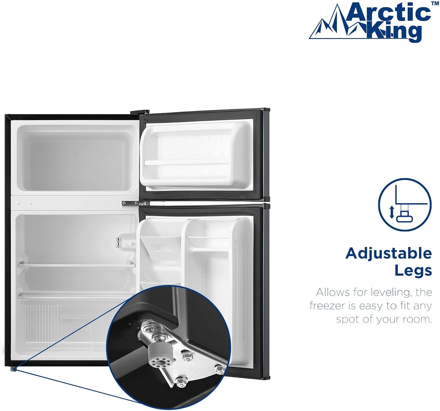 Arctic King 3.2 Cu Feet Two Door Compact Refrigerator with Freezer for Your House, Garage, Basement, Apartment, Kitchen, Cabin, Lake House, Timeshare, or Business, Stainless Steel