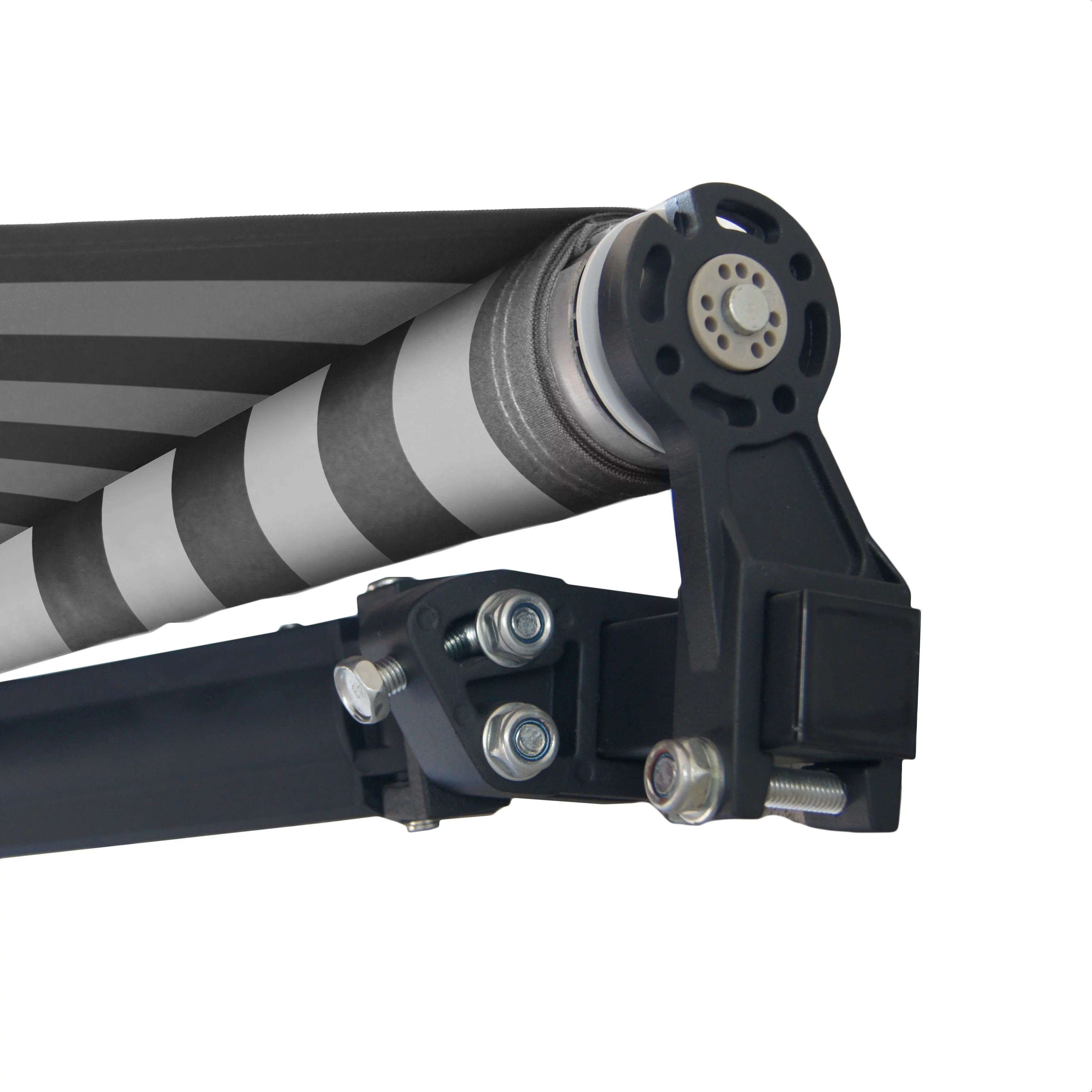 ALEKO 20' x 10' Retractable Motorized Black Frame Patio Awning, Gray and White Striped Color