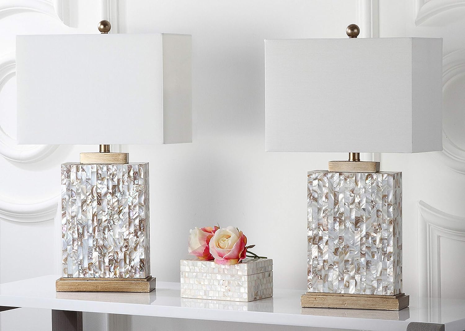 Safavieh Lighting Collection Tory Nautical Ivory Shell 25-inch Bedroom Living Room Home Office Desk Nightstand Table Lamp (Set of 2) - LED Bulbs Included