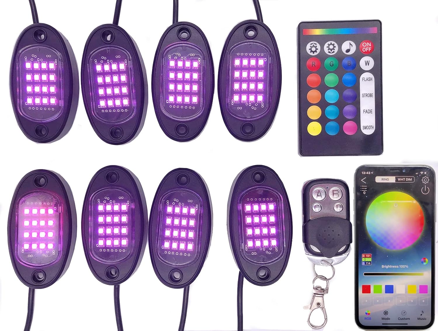 8 Pods RGB LED Rock Lights 3 Control Ways 128LEDs Multicolor Neon Underglow Lighting Kit with APP/RF Control Music Mode for Jeep Truck UTV SUV Waterproof Pack of 2