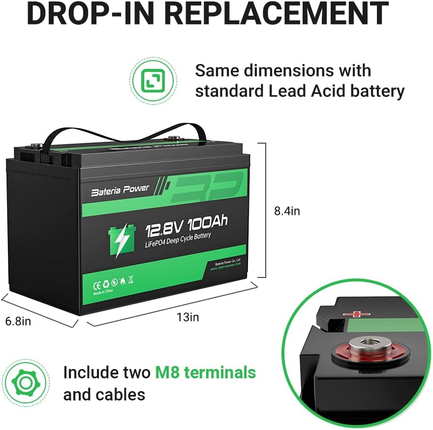 12V 100Ah LiFePO4 Deep Cycle Lithium Battery, Bateria power Rechargeable and ​Built-in BMS, Drop-in Replacement Suit for RV, Solar Power System, Marine, Home Storage, and Outdoor Camping