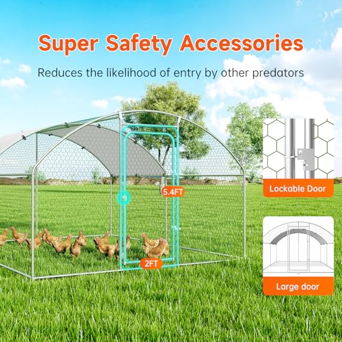 Large Metal Chicken Coop, Chicken Run Poultry Cage Hen with Water-Resident and Anti-UV Cover for Duck Rabbit House Outdoor Walk-in Chicken Pen for Yard, Dome Roof(10’ W x 19.7’ L x 6.4’ H)