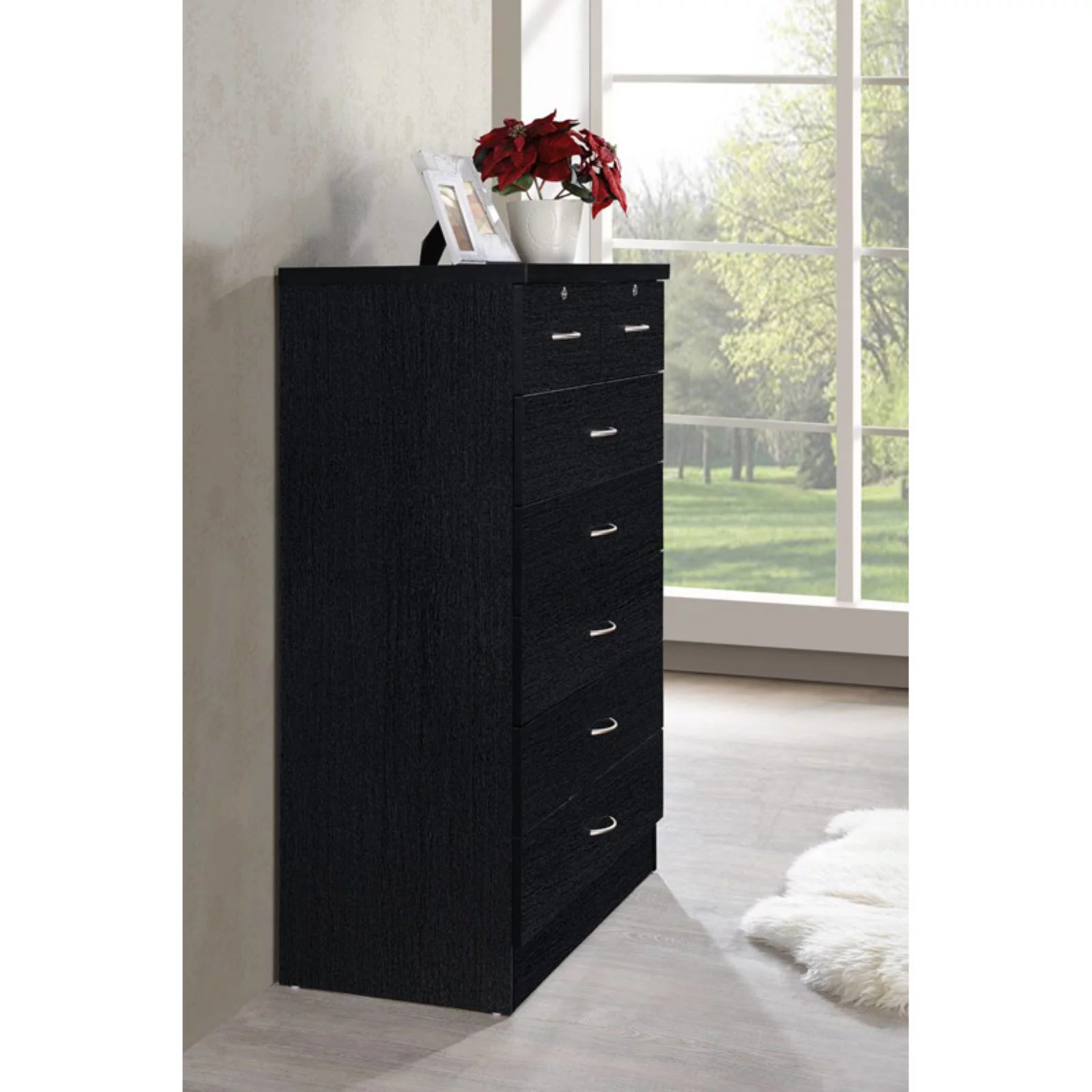 Hodedah 7 Drawer Wooden Jumbo Dresser Chest with 2 Top Locks, Cherry