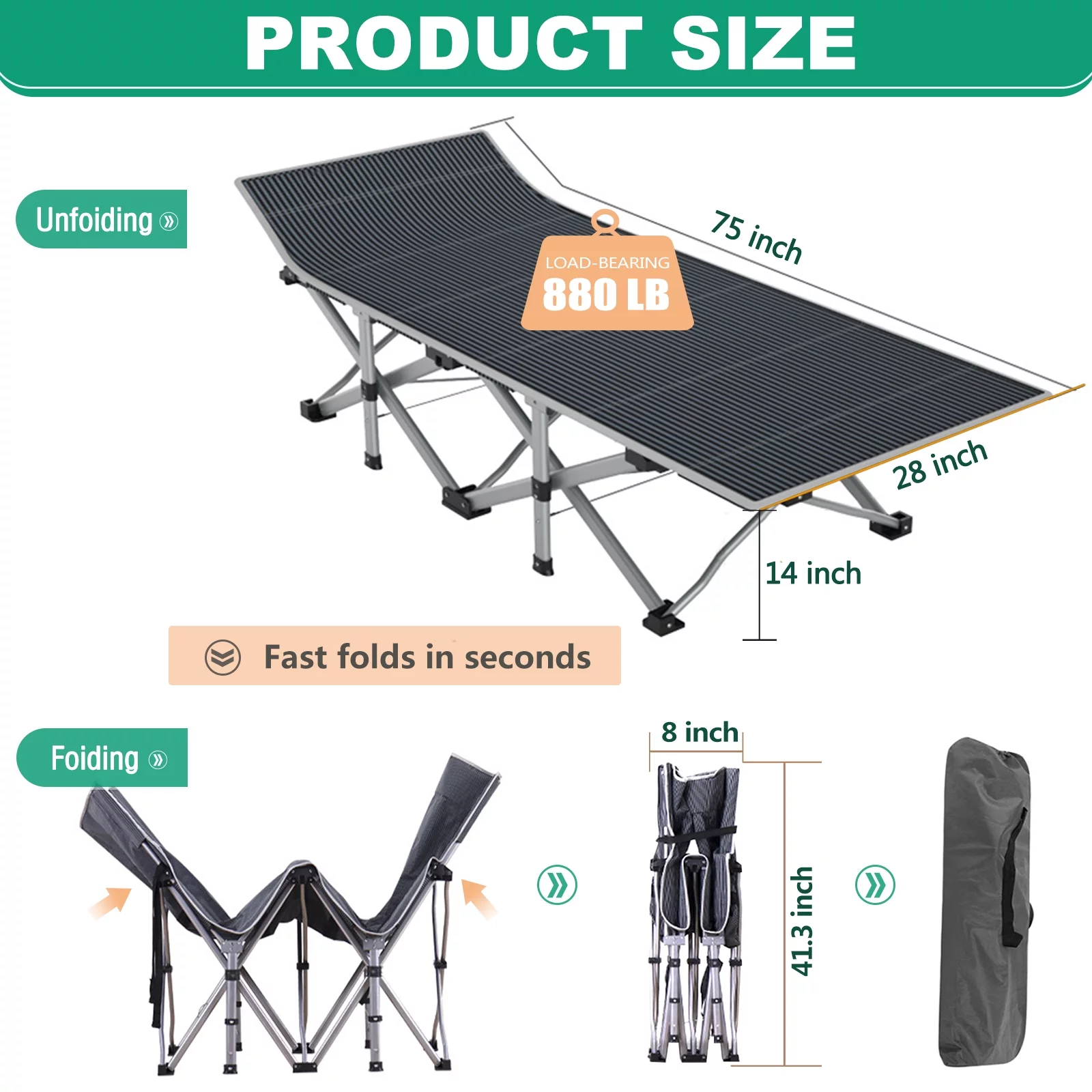 Docred Folding Camping Cots For Adults，Heavy Duty Cots For Sleeping, Travel Military Portable Cots Bed with 2-Sided Mattress & Carrying Bag