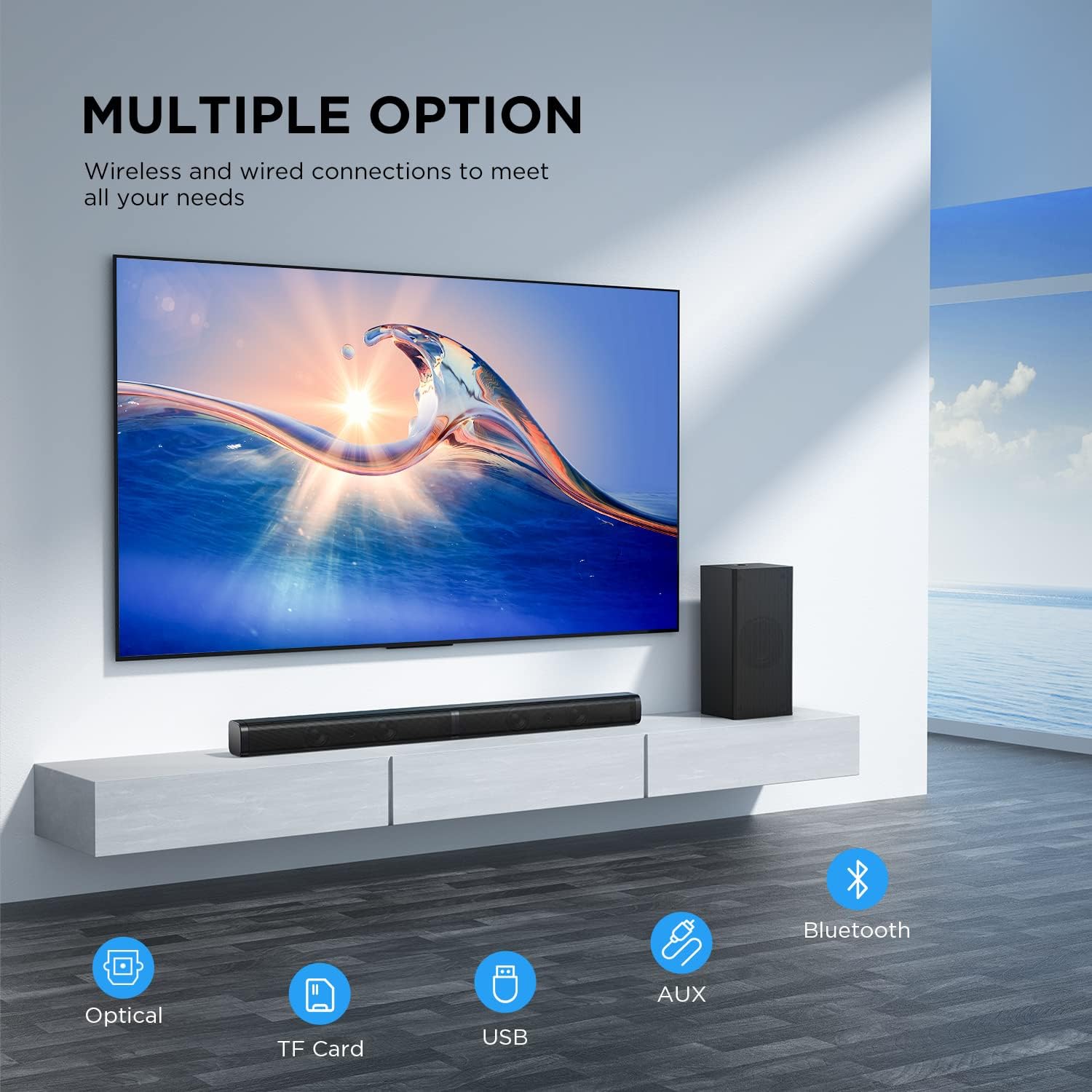 TV Sound Bar with Subwoofer, 2.1 CH Ultra-Slim Sound Bars for TV, 110dB/100W, 5 Smart EQ Modes, LED Night Mode, Bass Adjustable Surround Sound, Works with 4K & HD TVs, Optical/Aux/USB Multi-Connection