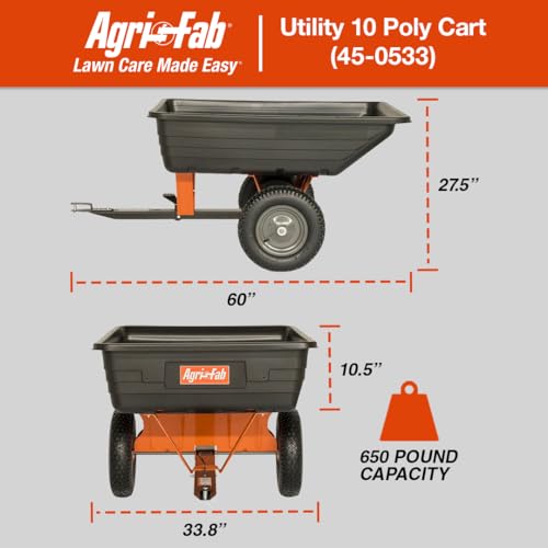 Agri-Fab 45-0533 650 lbs Tow Behind Poly Dump Cart, 10 CU. FT.; Lawn & Garden Cart/Trailer for Lawn Mowers, 16" Pneumatics Tires, Easy to Use Foot Pedal Dumping Lever