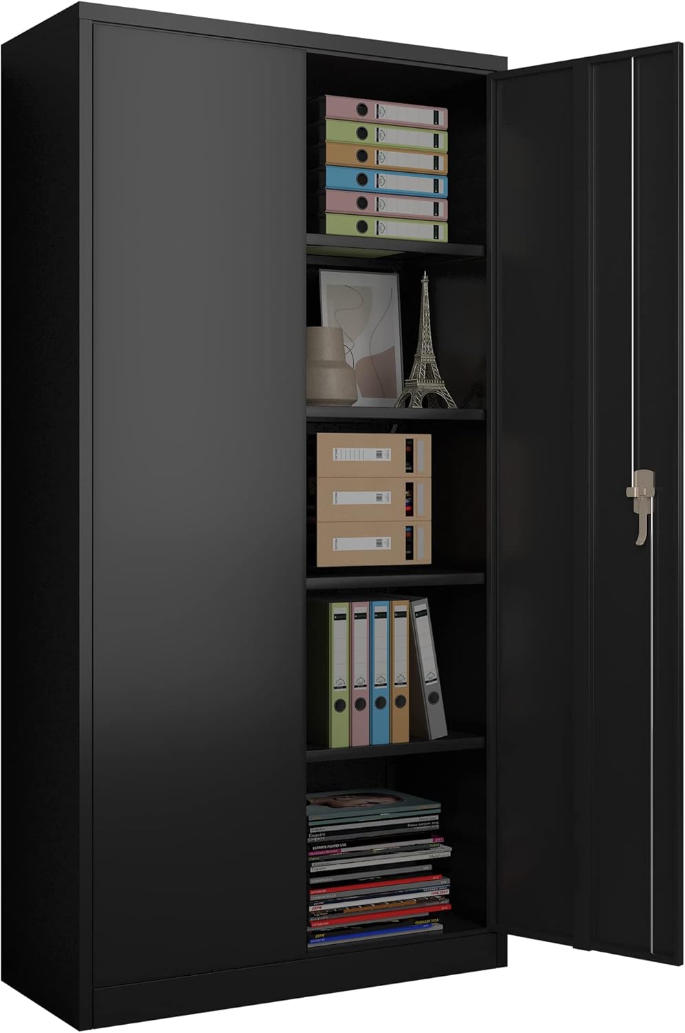 GangMei 72" H Locking Metal Storage Cabinet with 4 Adjustable Shelves,Black Steel Cabinet with 2 Doors and Lock for Garage, Office, Home (Dimensions 18" L x 36" W x 72" H)
