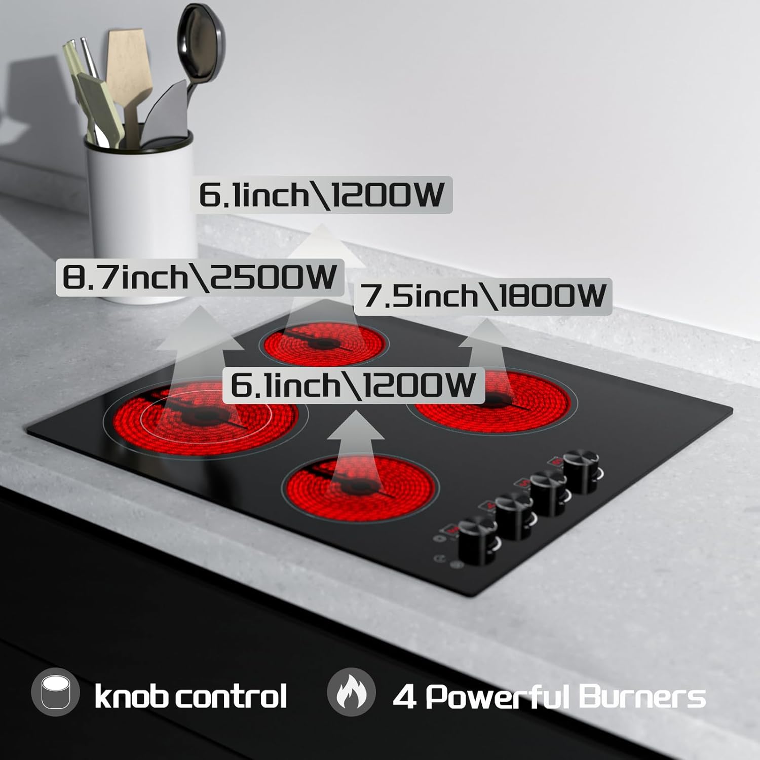 Electric Cooktop 24 inch Ceramic Stove 4 Burners Built-in Electric Stove 220-240V Electric Ceramic cooktop in Black, Control by Knob/Child Lock/9 Power Levels/Timer