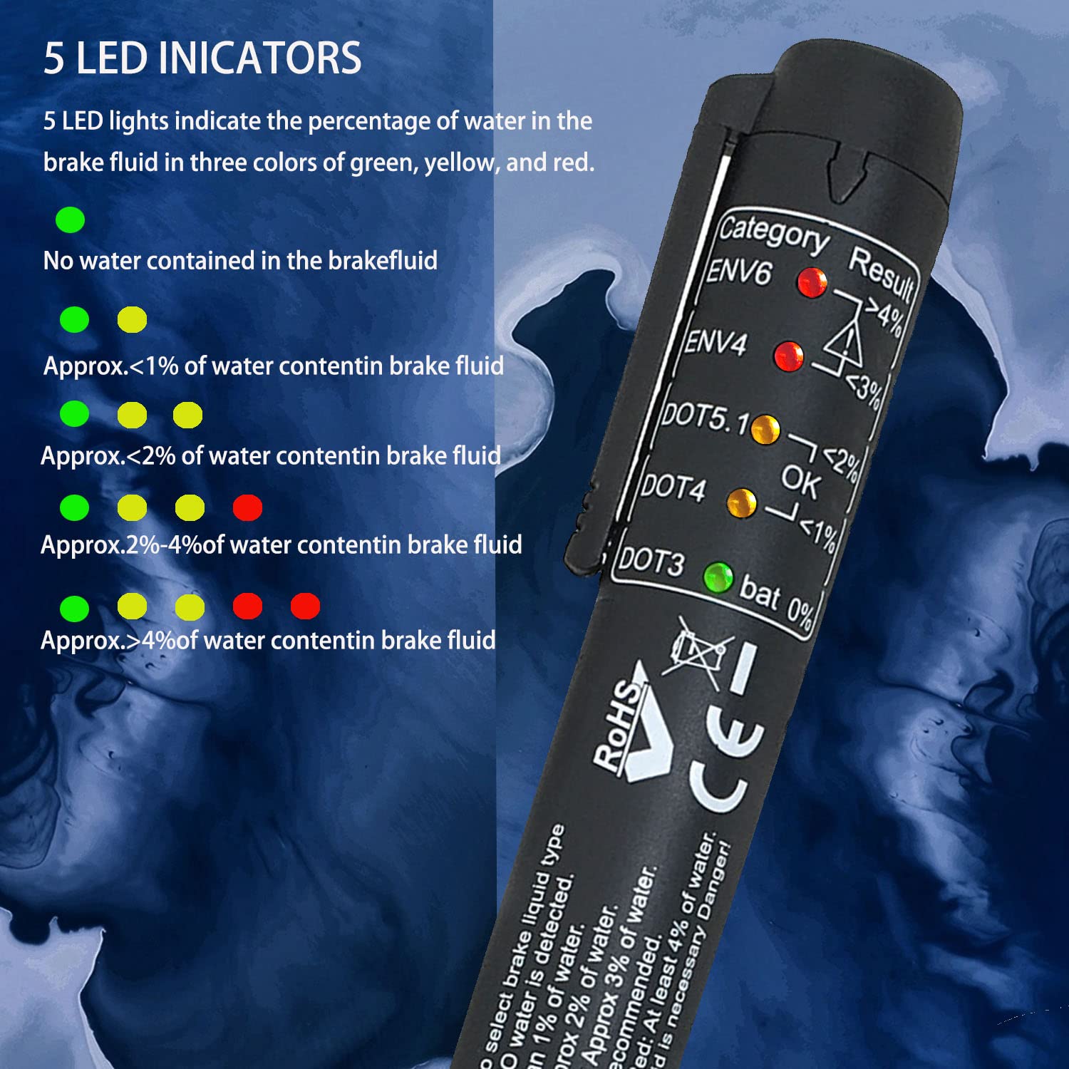ZKTOOL New Upgraded Version Brake Fluid Tester Pen, Test DOT3 DOT4 DOT5.1 ENV6 ENV4 Brake fluids,Brake Fluid Moisture Analyzer with 5 LED Indicators,Brake Fluid Liquid Tester Pen