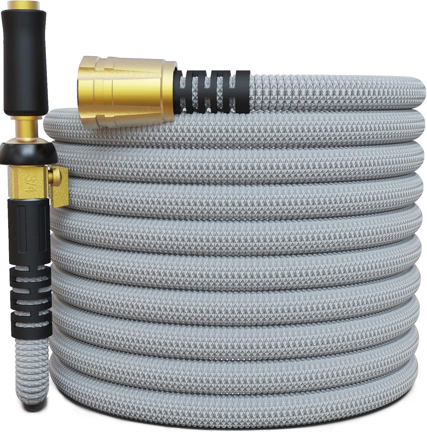 TITAN 100FT Garden Hose - All New Expandable Water Hose with Triple Latex Core 3/4" Easy Removal Solid Brass Fittings Expanding Extra Strength Fabric Flexible Hose with Jet Nozzle and Washers (G)