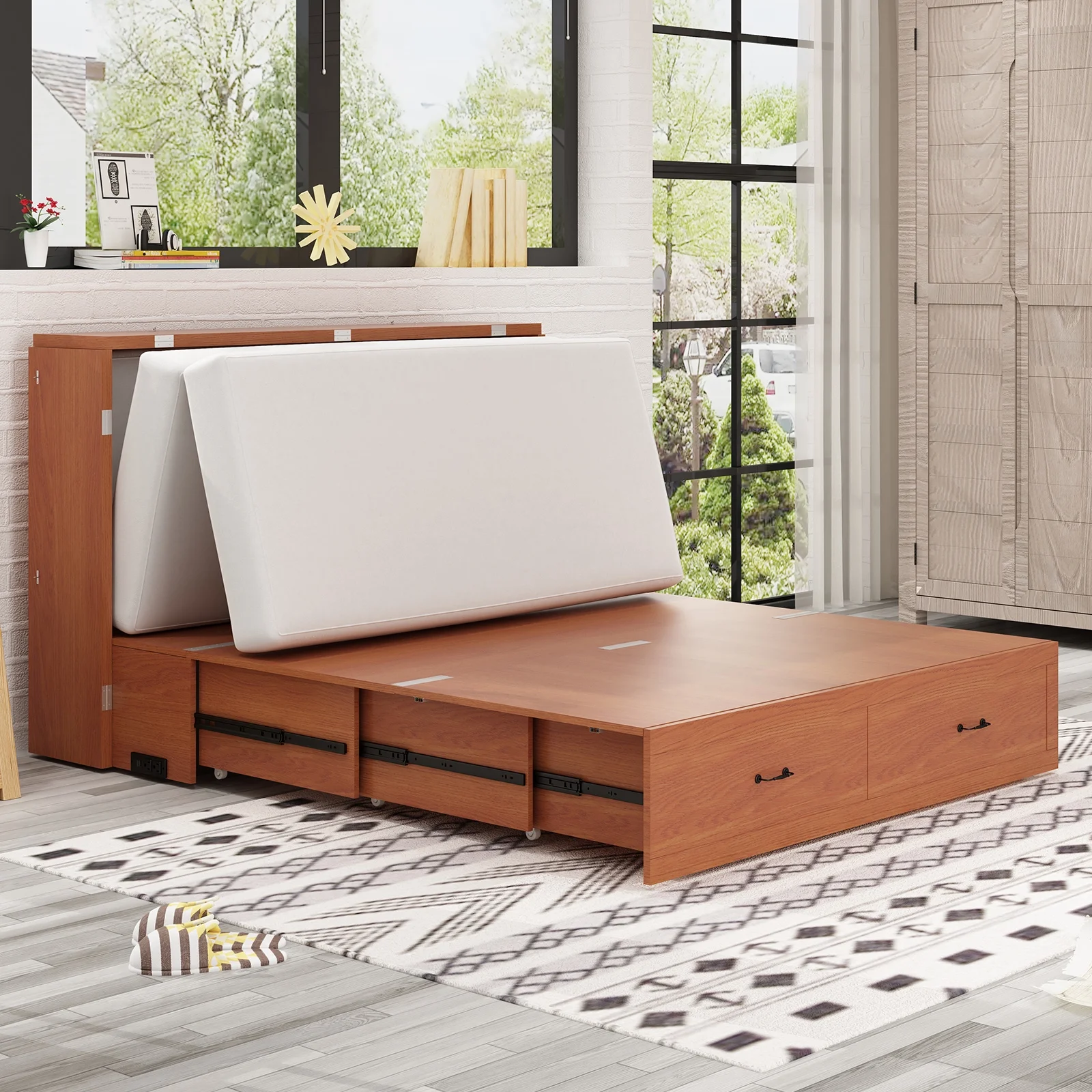 Mjkone Queen Size Murphy Cabinet Bed, Solid Pine Wall-Bed with 3 Charging Stations, 2 Storage Drawers, and Comfy Foldable Mattress for Bedroom, Office and Small Spaces (Burnt Orange)