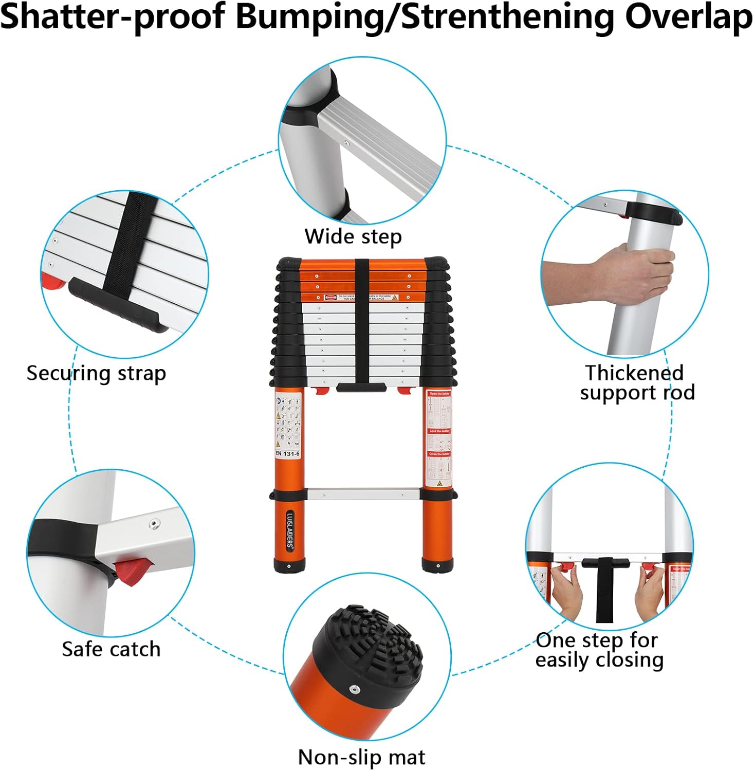 LUISLADDERS Telescoping Ladder Multi-Use Telescopic Extension Ladder One-Button Retraction Anti-Pinch and Anti-Slip 330 Lb Capacity (12.46 Feet)