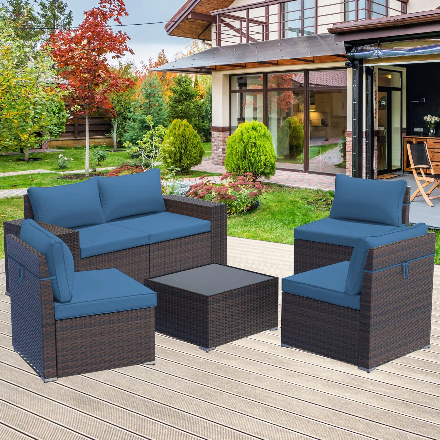 Gotland Patio Furniture Sets 6 Pieces PE Rattan Wicker Patio Sectional Outdoor Sofa Set(Navy blue)