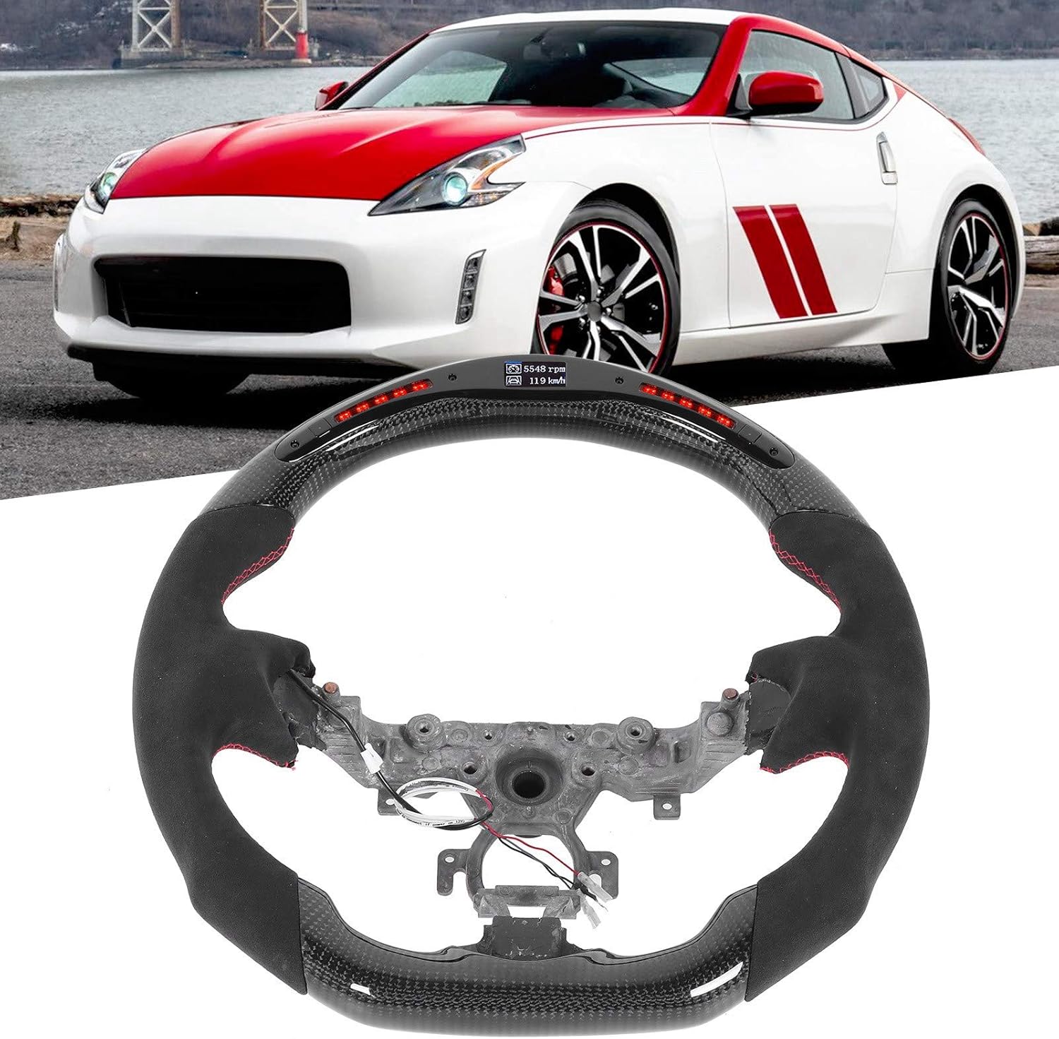 Qiilu LED Steering Wheel, Carbon Fiber Racing Steering Wheel Flat Bottom D-Type Car Steering Wheel LED Shift Lights Display Black Suede w/Red Stitching Fit for Nissan 370z 2009-2020