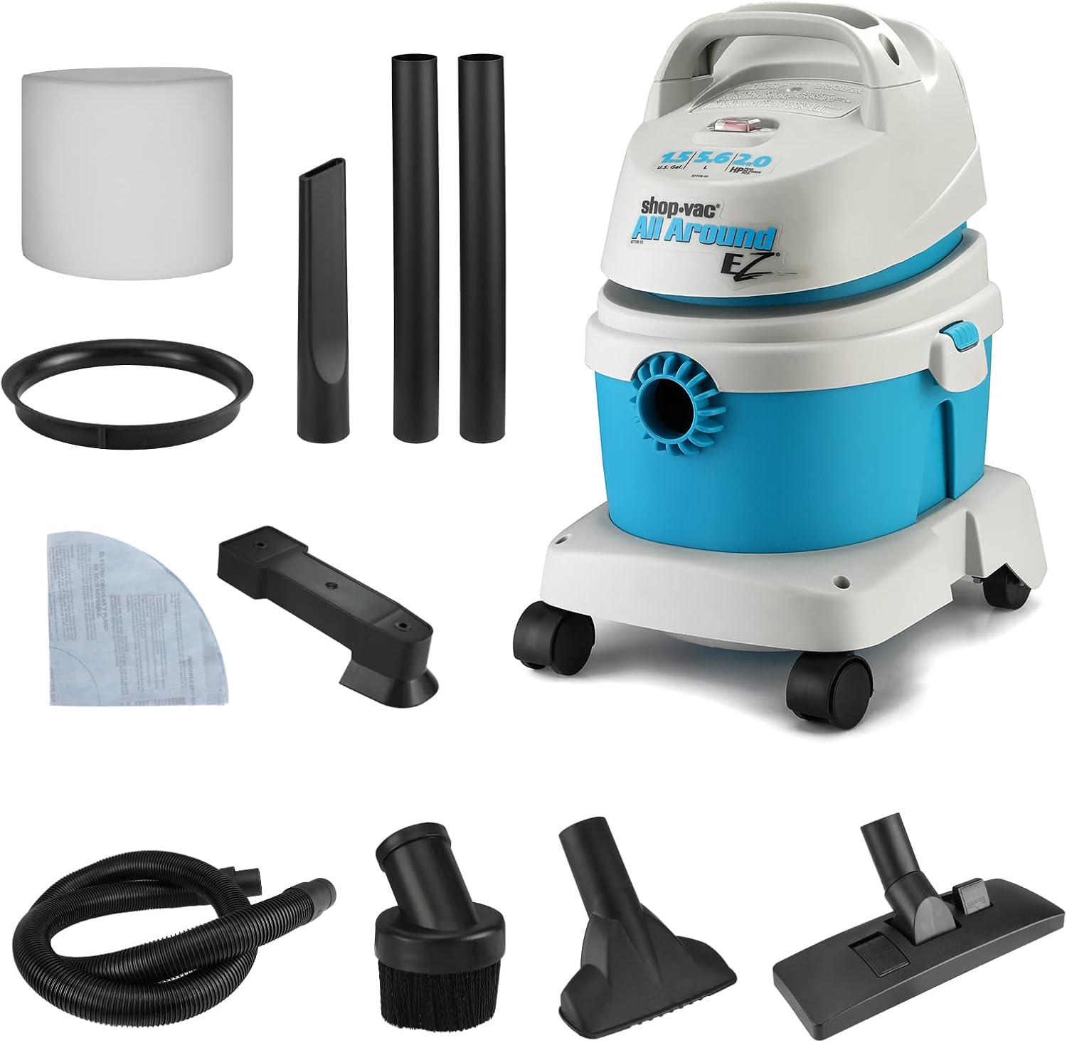 Shop-Vac 1.5 Gallon 2.0 Peak HP All Around EZ Wet/Dry Vacuum, Portable Compact Shop Vacuum, 3 in 1 Function with Wall Bracket & Multifunctional Attachments for Home, Apartment, Vehicles, 5895100