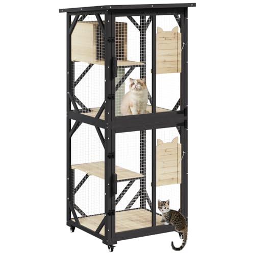 LEMBERI Cat House Outdoor Catio Cat Enclosures on Wheels, 71" Large Outside Patio Wooden Cat Cage Resting Box,Scratching Post, Waterproof Roof (Gray, 71")