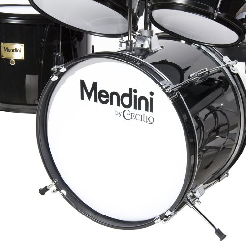 Mendini by Cecilio Drum Set, 5 Piece 16 Inch Junior Drums Kit with Bass, Toms, Snare Drum, Cymbal, Hi-Hat, Drumsticks & Seat for Beginner Student (Metallic Black)