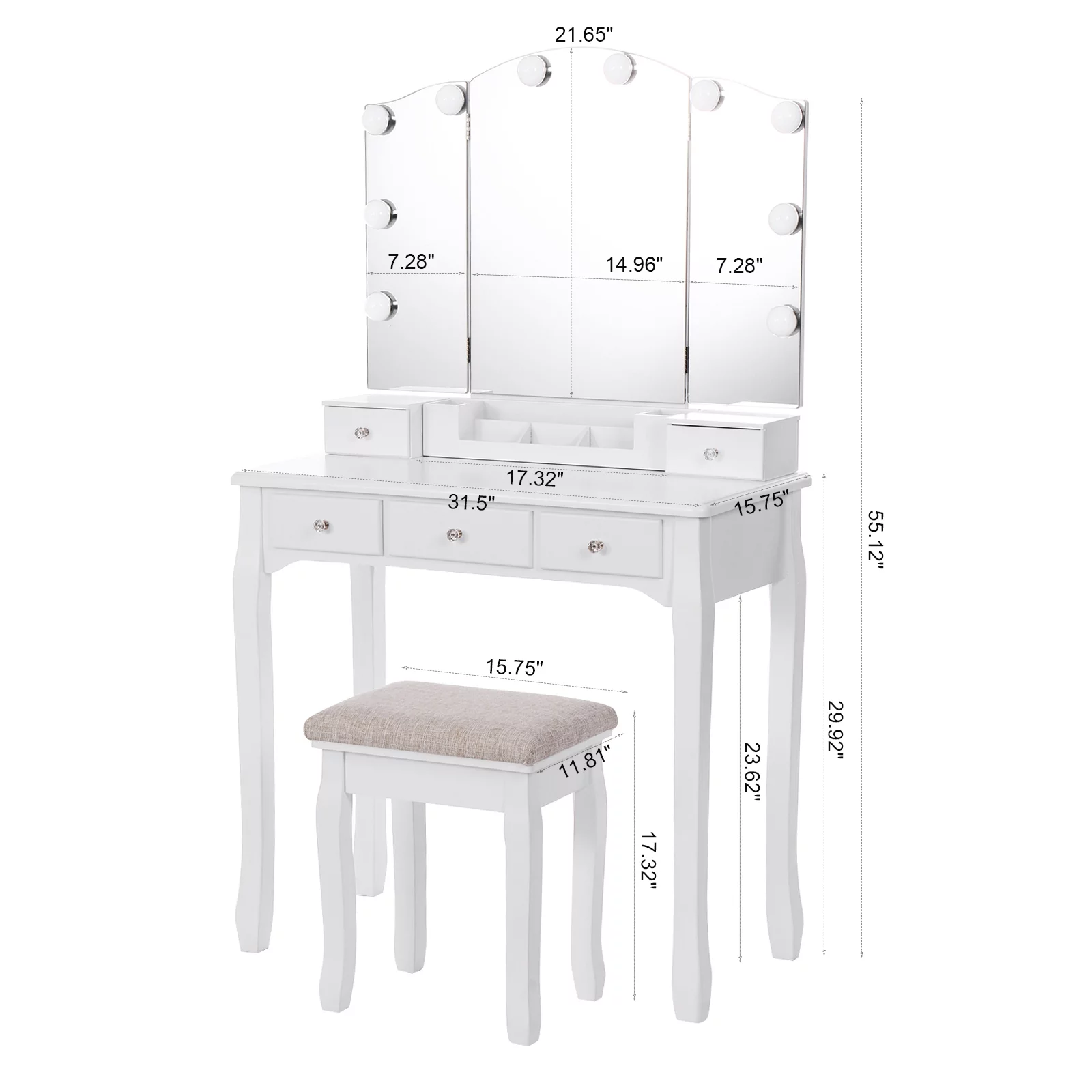 BEWISHOME Vanity Set with Lighted Mirror, Makeup Vanity with Tri-Folding Mirror 10 LED Bulbs, White Vanity Desk Vanity Table with 5 Drawers 2 DIY Dividers, Cushioned Stool, Movable Organizer FST09W